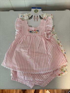 377 - Little Me Pink & White Striped Dress with Floral Embroidery Set - NEW